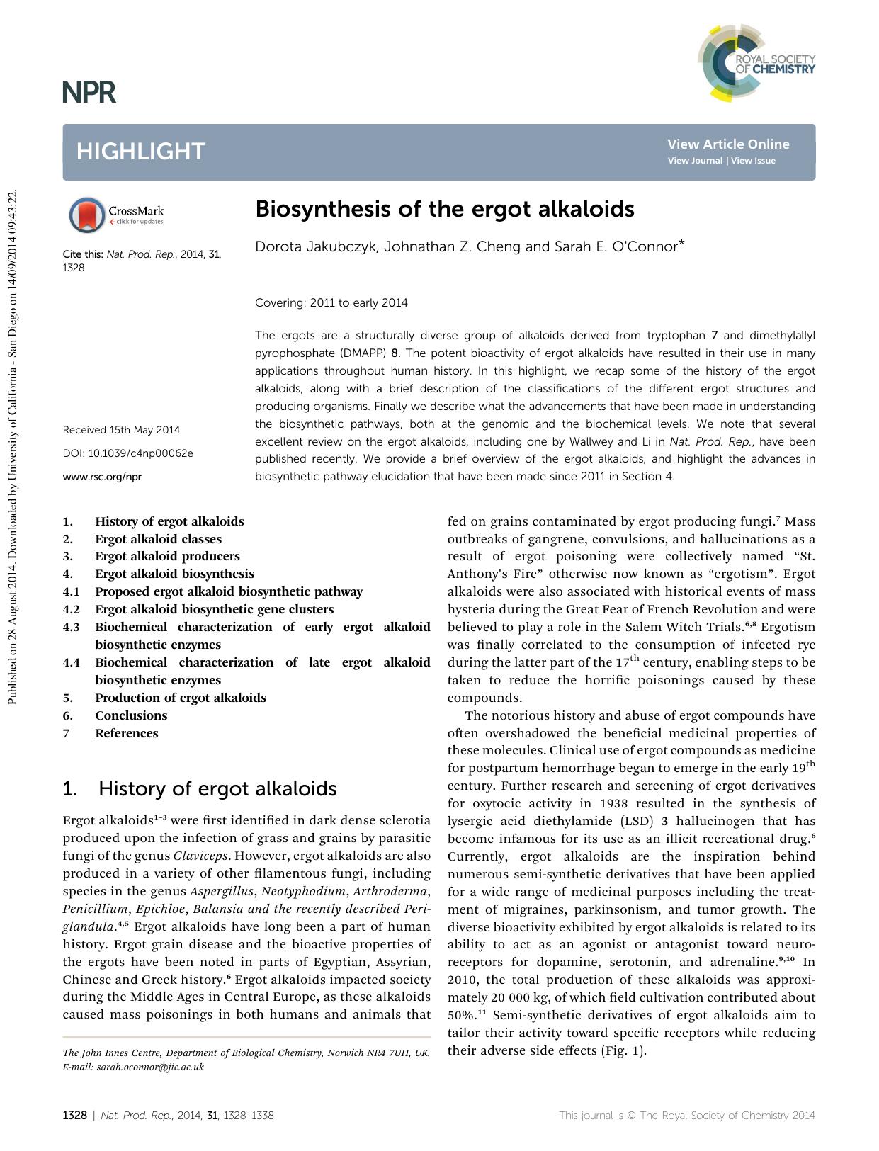 Biosynthesis of the ergot alkaloids by Dorota Jakubczyk & Johnathan Z. Cheng & Sarah E. O'Connor