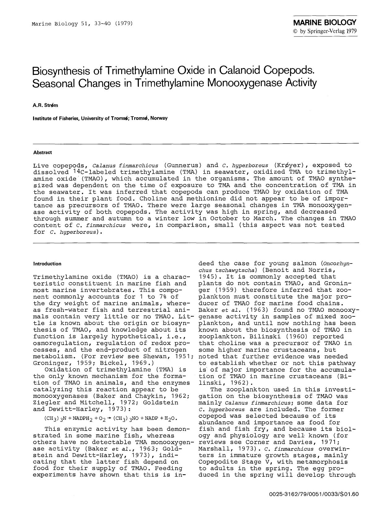 Biosynthesis of trimethylamine oxide in calanoid copepods. seasonal changes in trimethylamine monooxygenase activity by Unknown