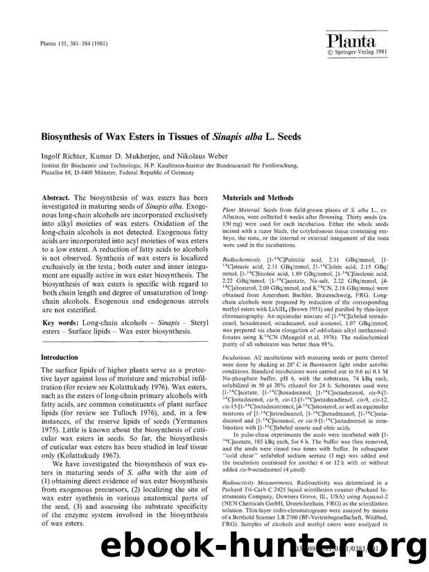 Biosynthesis of wax esters in tissues of <Emphasis Type="Italic">Sinapis alba<Emphasis> L. seeds by Unknown