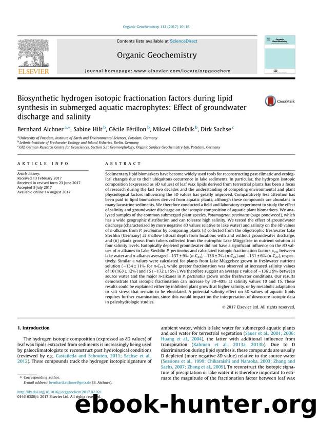 Biosynthetic hydrogen isotopic fractionation factors during lipid synthesis in submerged aquatic macrophytes: Effect of groundwater discharge and salinity by Bernhard Aichner & Sabine Hilt & Cécile Périllon & Mikael Gillefalk & Dirk Sachse
