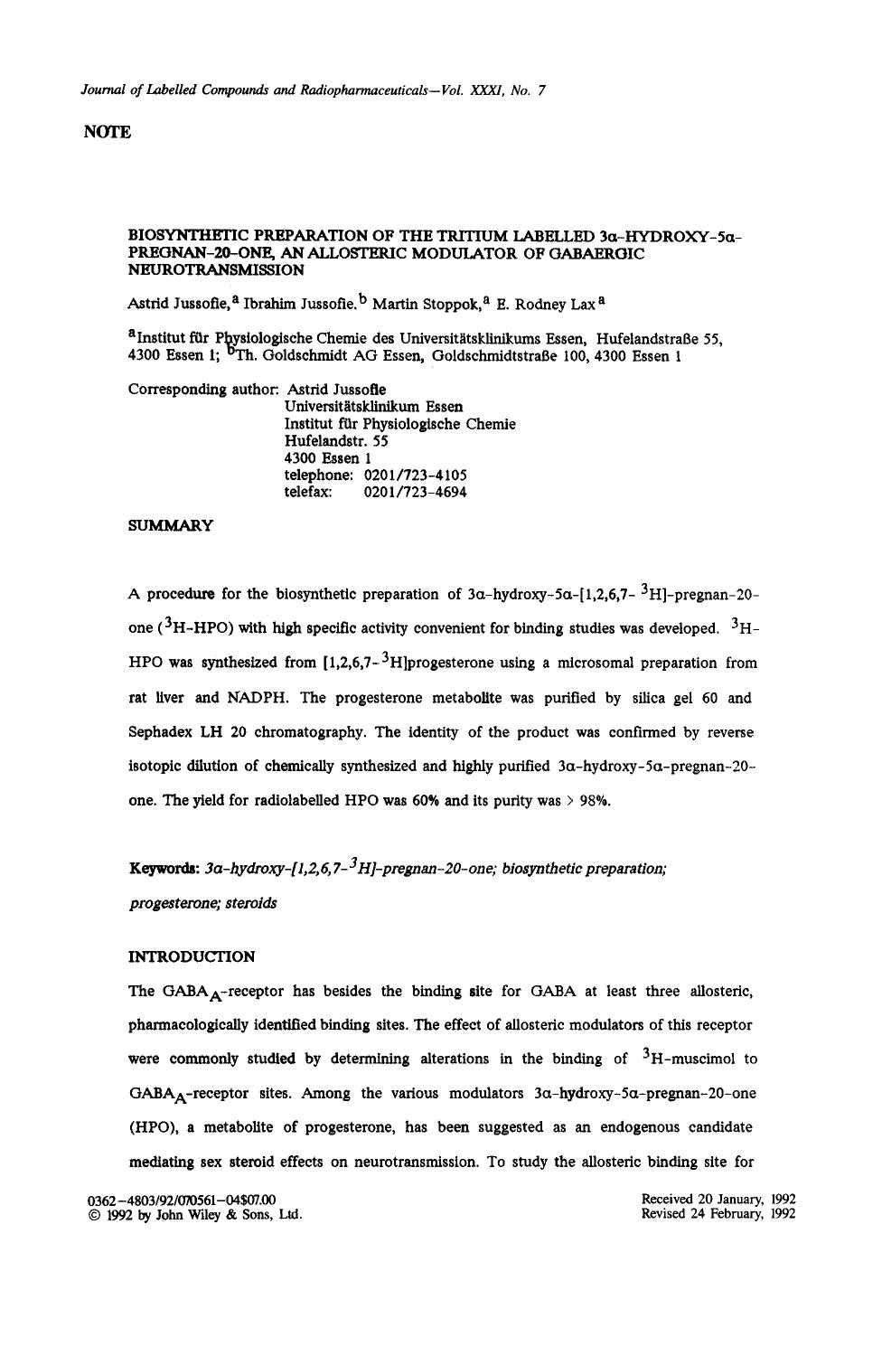 Biosynthetic preparation of the tritium labelled 3[alpha]-hydroxy-5[alpha]-pregnan-20-one, an allosteric modulator of gabaergic neurotransmission by Unknown