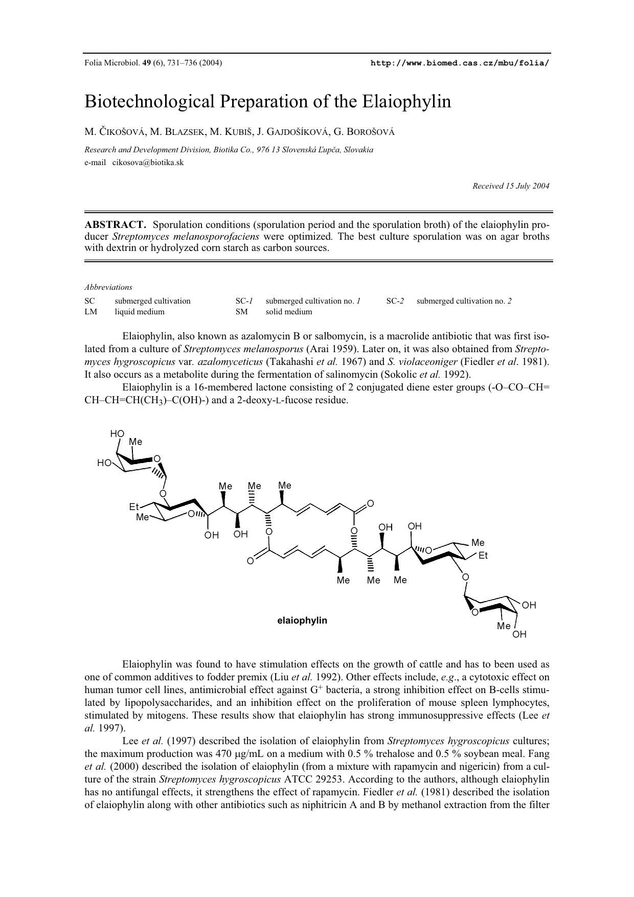 Biotechnological preparation of the elaiophylin by Unknown