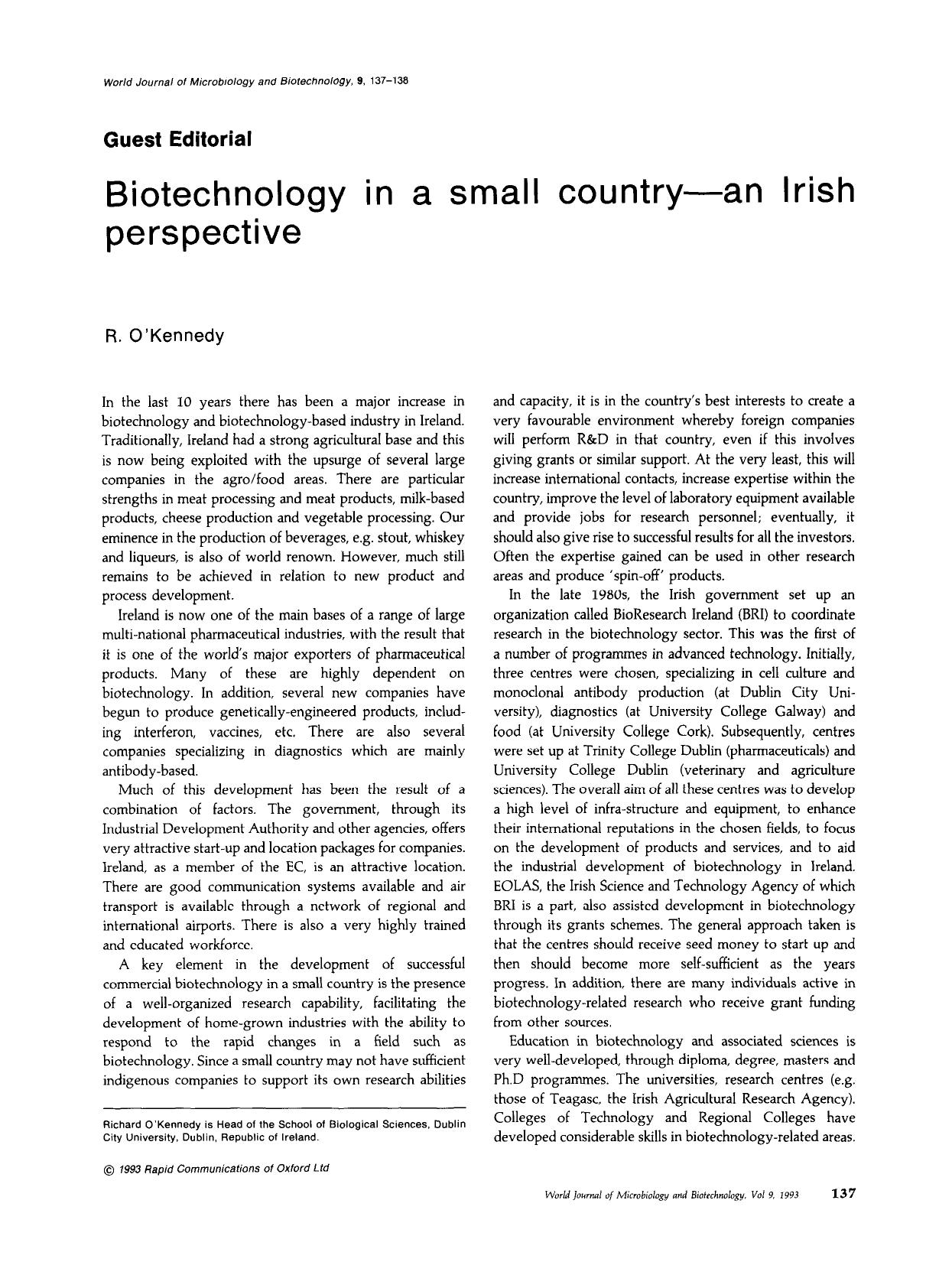 Biotechnology in a small country&#x2014;an irish perspective by Unknown
