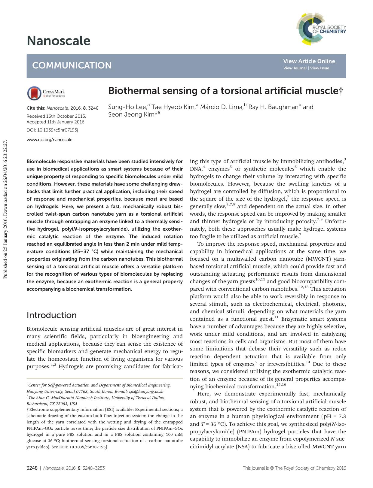 Biothermal sensing of a torsional artificial muscle by Sung-Ho Lee Tae Hyeob Kim Márcio D. Lima Ray H. Baughman Seon Jeong Kim