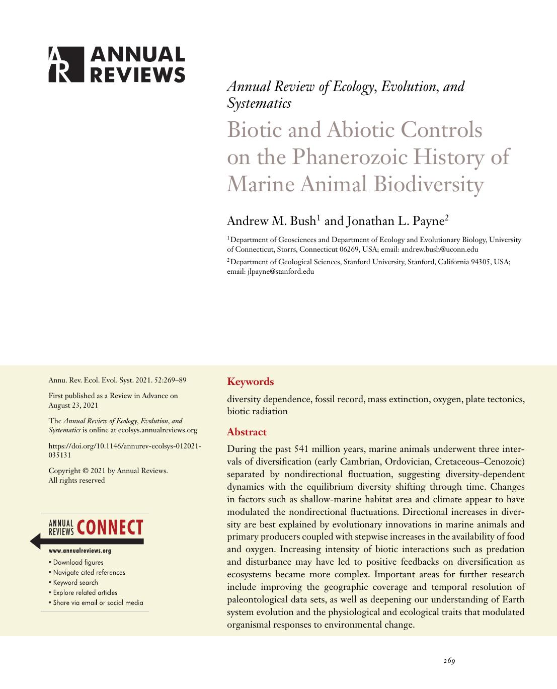 Biotic and Abiotic Controls on the Phanerozoic History of Marine Animal Biodiversity by Andrew M. Bush and Jonathan L. Payne