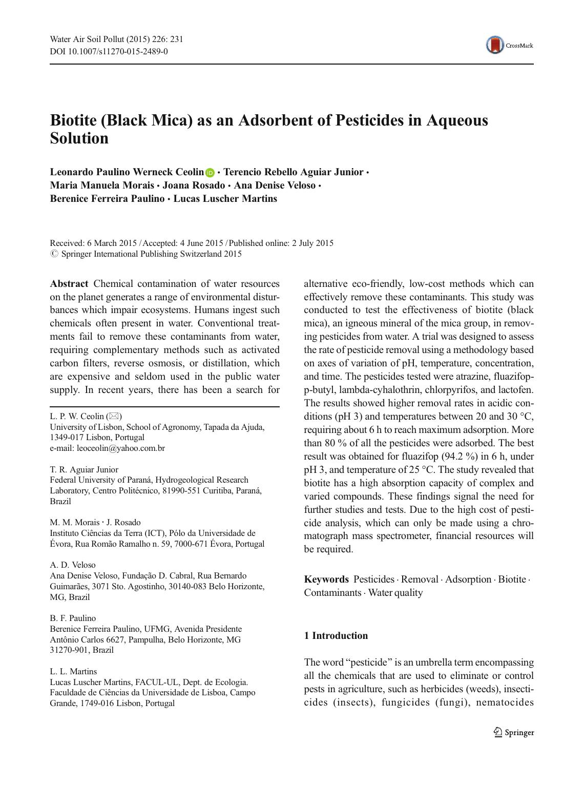 Biotite (Black Mica) as an Adsorbent of Pesticides in Aqueous Solution by unknow