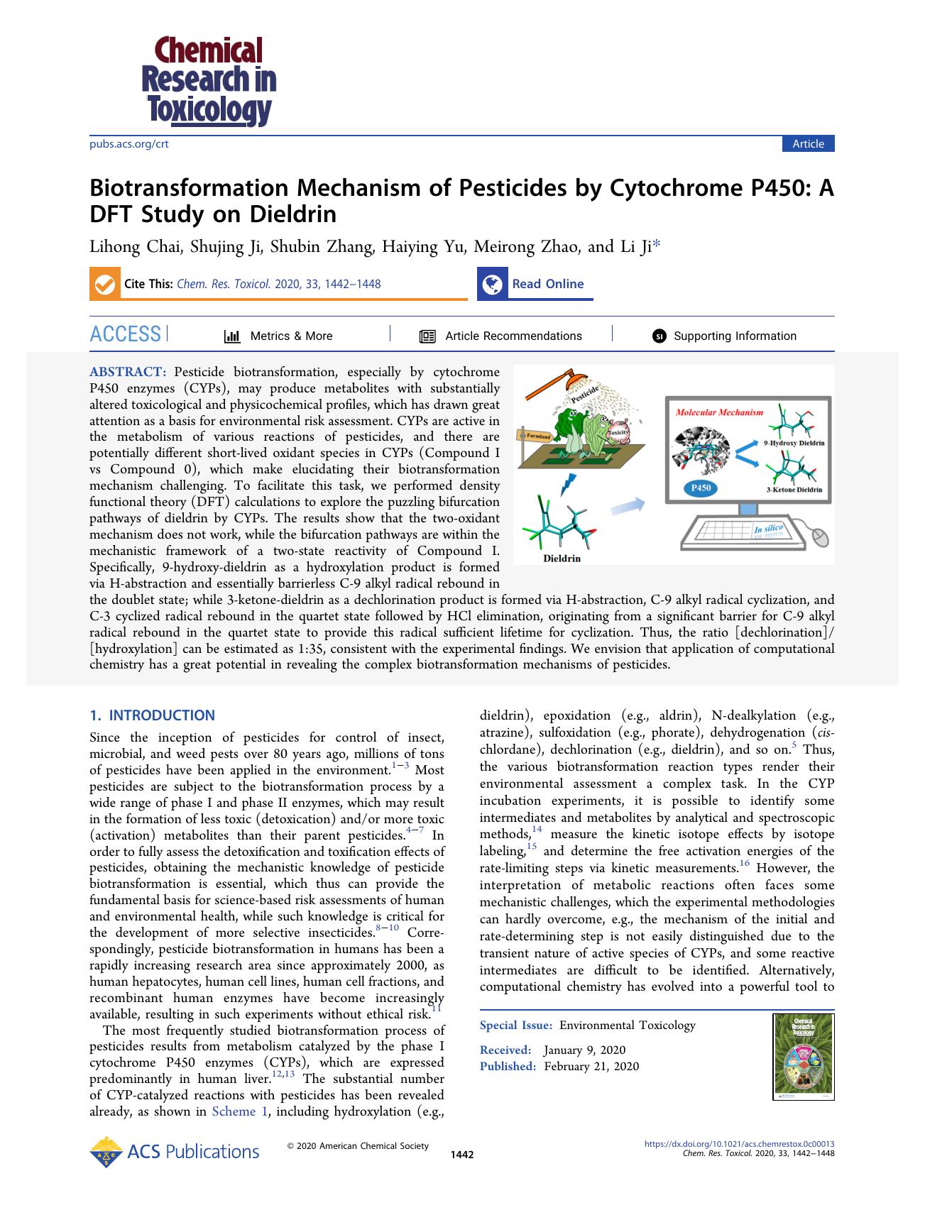 Biotransformation Mechanism of Pesticides by Cytochrome P450: A DFT Study on Dieldrin by Lihong Chai Shujing Ji Shubin Zhang Haiying Yu Meirong Zhao and Li Ji