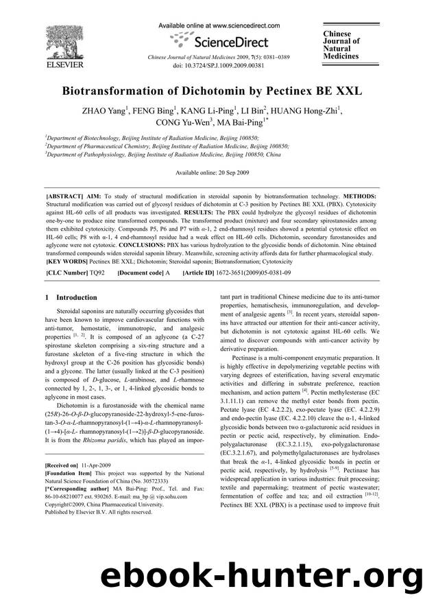 Biotransformation of Dichotomin by Pectinex BE XXL by Yang ZHAO; Bing FENG; Li-Ping KANG; Bin LI; Hong-Zhi HUANG; Yu-Wen CONG; Bai-Ping MA