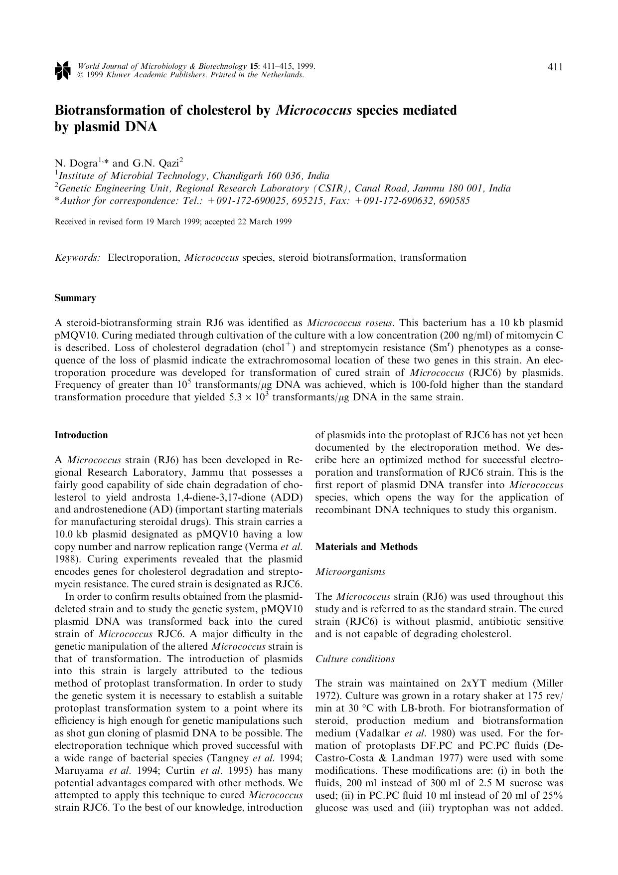 Biotransformation of cholesterol by Micrococcus species mediated by plasmid DNA by Unknown