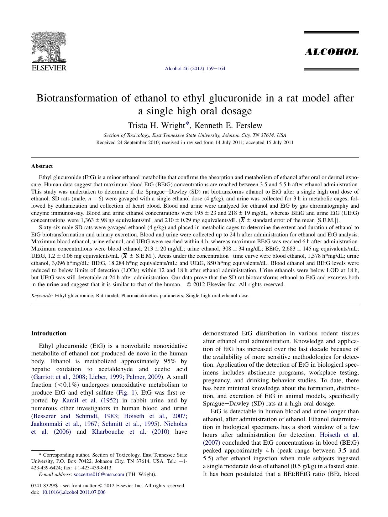 Biotransformation of ethanol to ethyl glucuronide in a rat model after a single high oral dosage by Trista H. Wright & Kenneth E. Ferslew