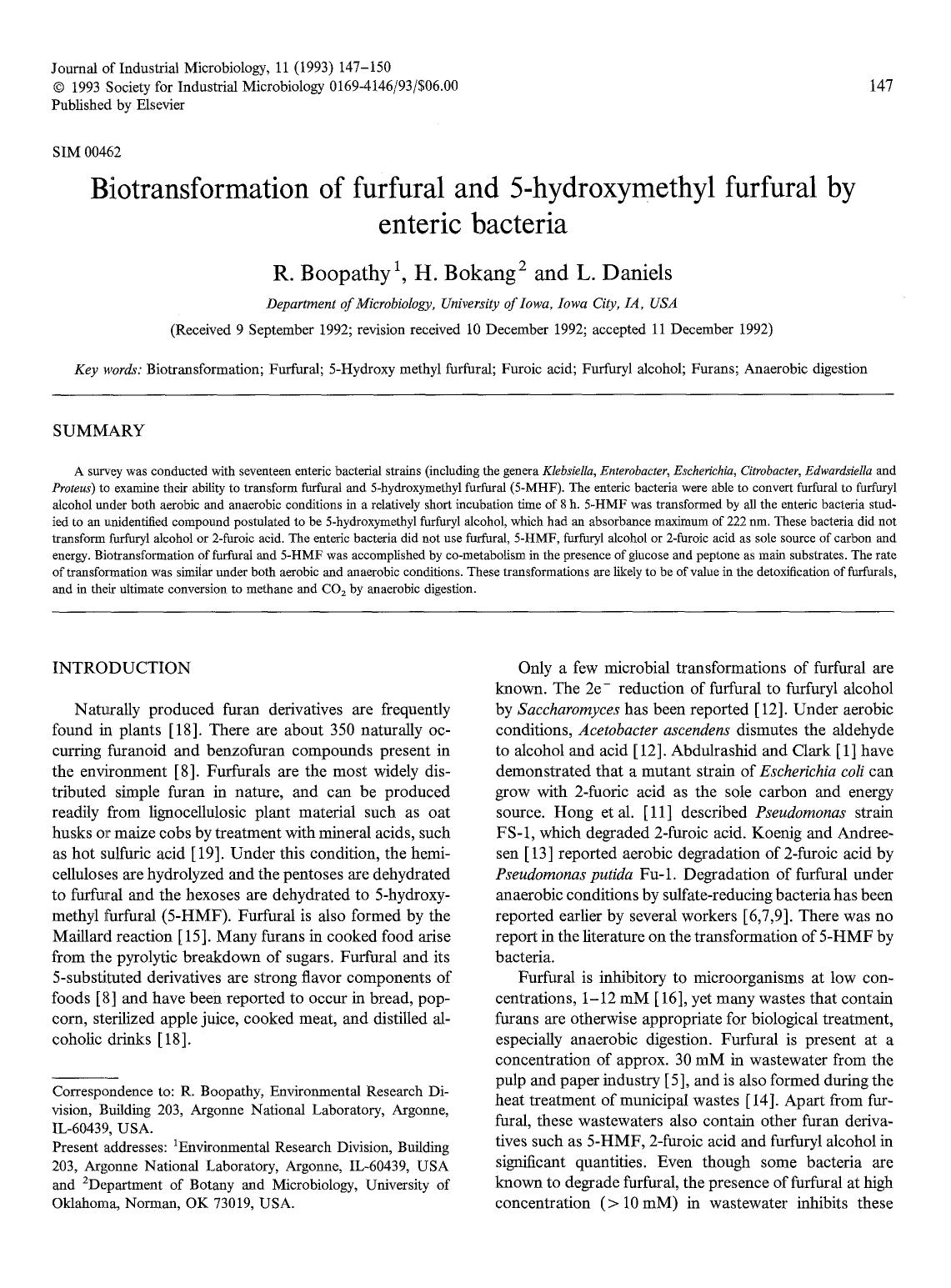 Biotransformation of furfural and 5-hydroxymethyl furfural by enteric bacteria by Unknown