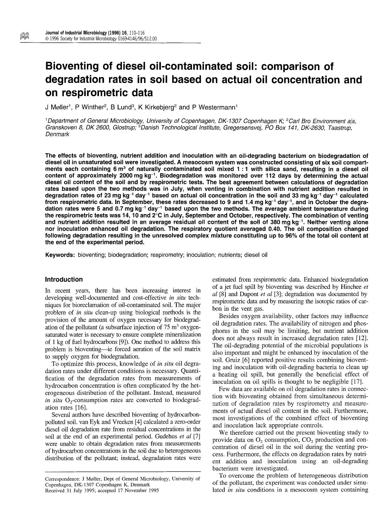 Bioventing of diesel oil-contaminated soil: Comparison of degradation rates in soil based on actual oil concentration and on respirometric data by Unknown