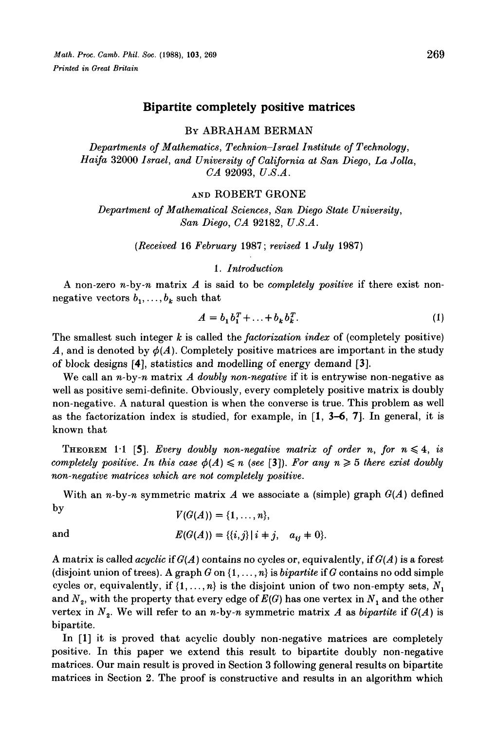 Bipartite completely positive matrices by Abraham Berman & Robert Grone