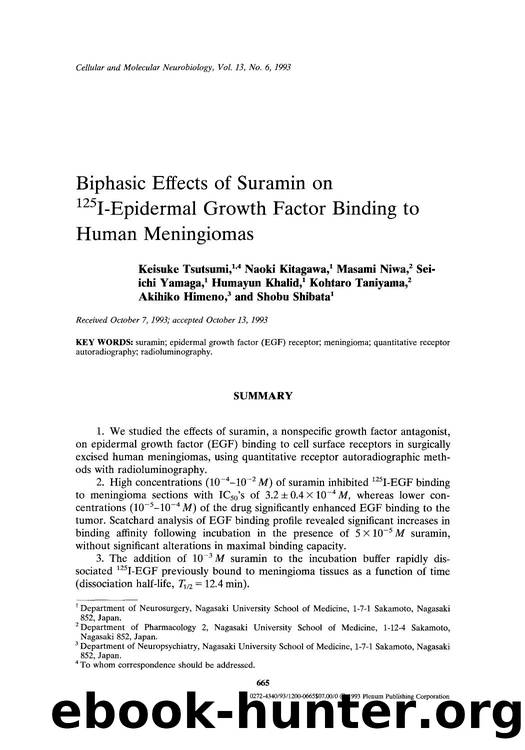 Biphasic effects of suramin on <Superscript>125 <Superscript>I-epidermal growth factor binding to human meningiomas by Unknown