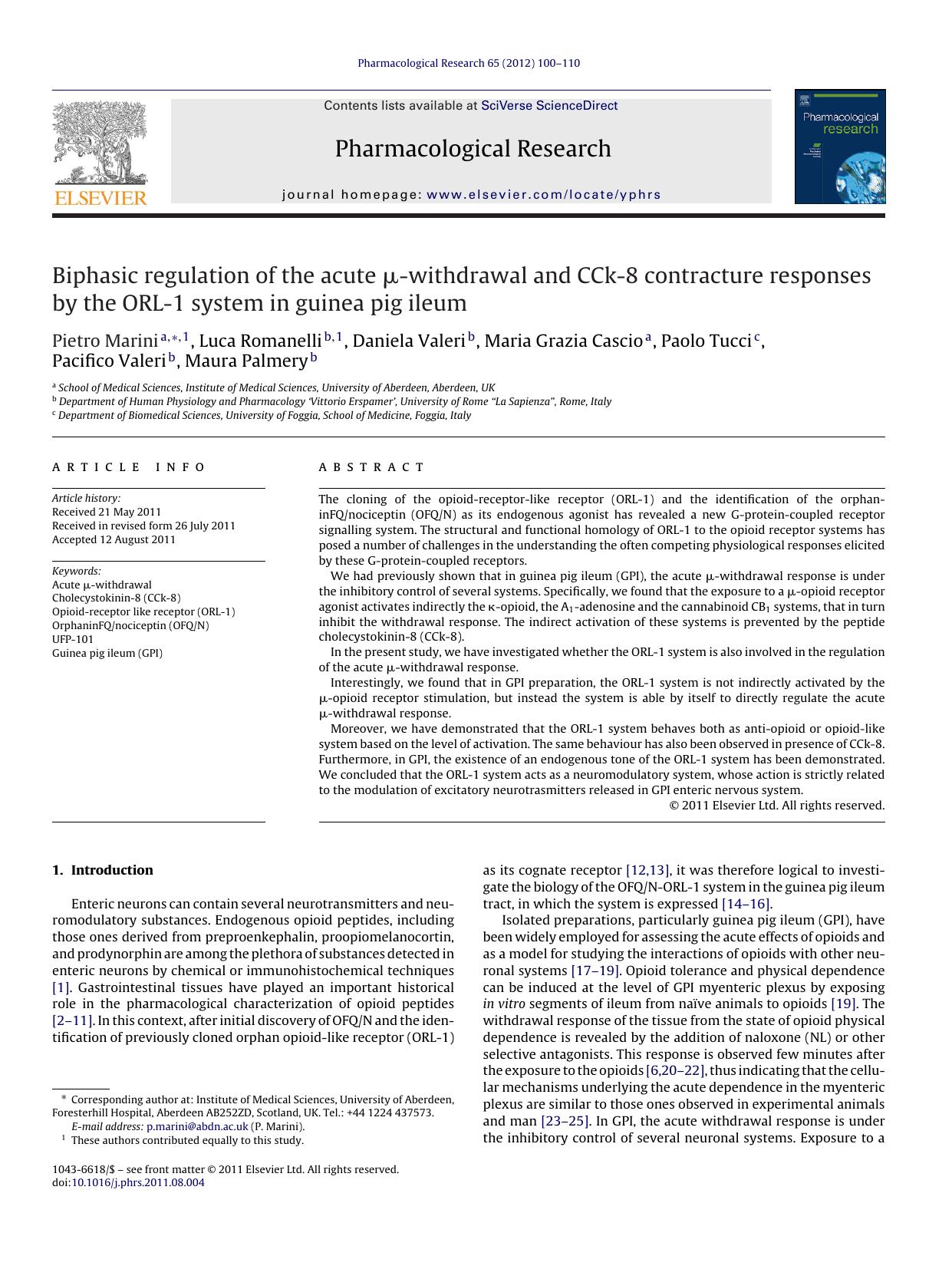 Biphasic regulation of the acute Î¼-withdrawal and CCk-8 contracture responses by the ORL-1 system in guinea pig ileum by Pietro Marini
