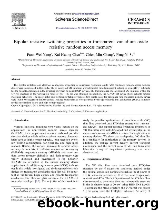 Bipolar resistive switching properties in transparent vanadium oxide resistive random access memory by Fann-Wei Yang & Kai-Huang Chen & Chien-Min Cheng & Feng-Yi Su