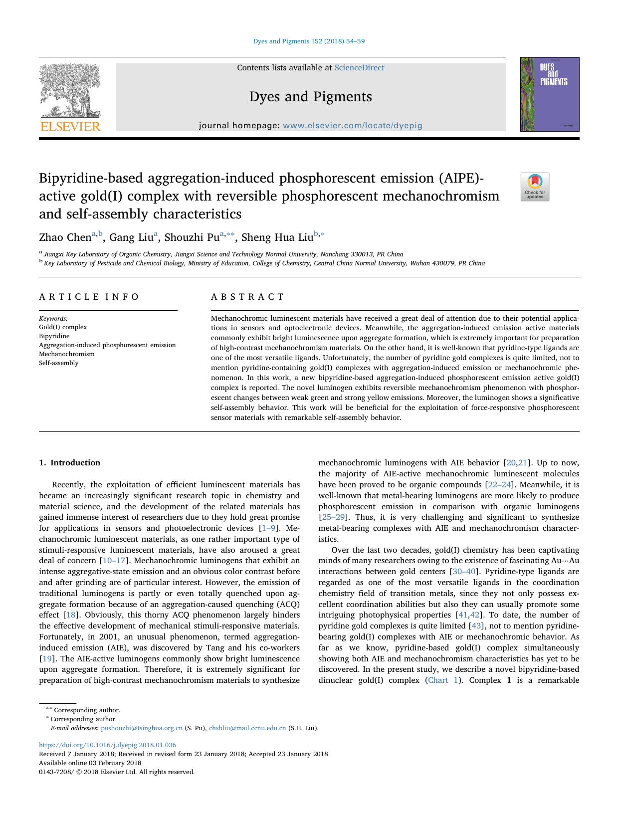 Bipyridine-based aggregation-induced phosphorescent emission (AIPE)-active gold(I) complex with reversible phosphorescent mechanochromism and self-assembly characteristics by Zhao Chen & Gang Liu & Shouzhi Pu & Sheng Hua Liu