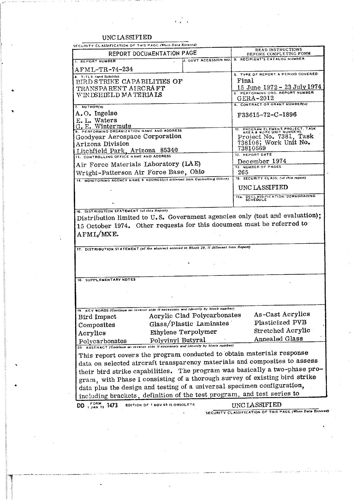 Bird Strike Capabilities of Transparent Aircraft Windshield Materials by A.O. Ingelse E.L. Waters G.E. Wintermute