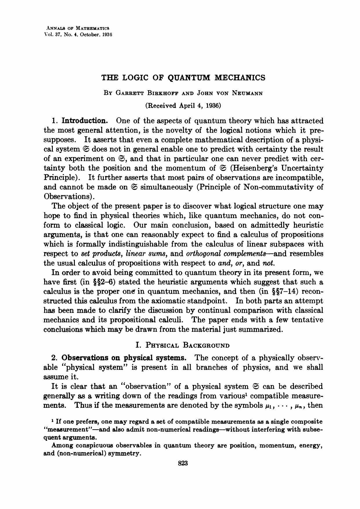 Birkhoff G, von Neumann J, The Logic of Quantum Mechanics.pdf by Sasa