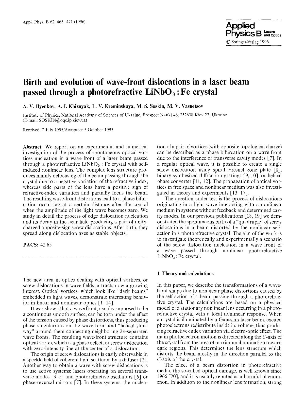 Birth and evolution of wave-front dislocations in a laser beam passed through a photorefractive LiNbO <Subscript>3 <Subscript>: Fe crystal by unknow