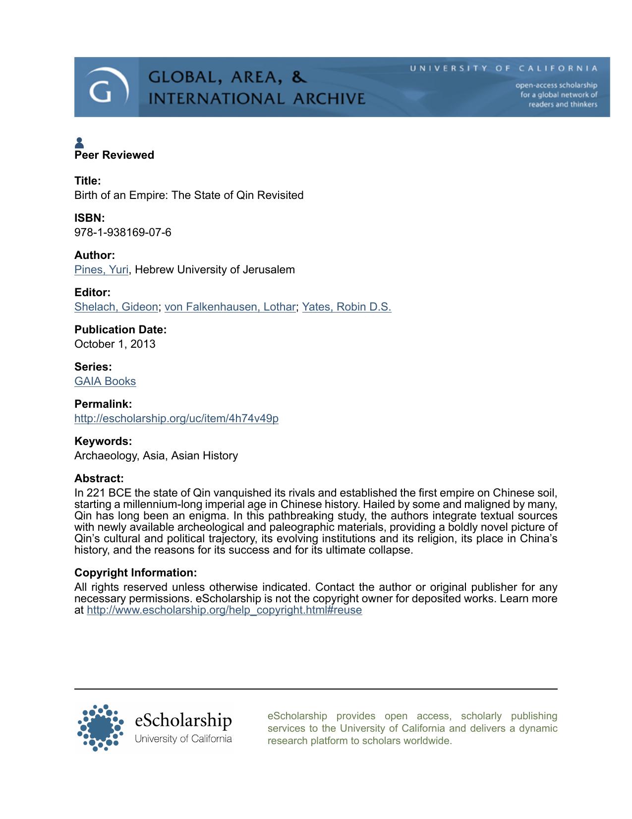 Birth of an Empire: The State of Qin Revisited by Yuri Pines; Gideon Shelach; Lothar von Falkenhausen; Robin D.S. Yates