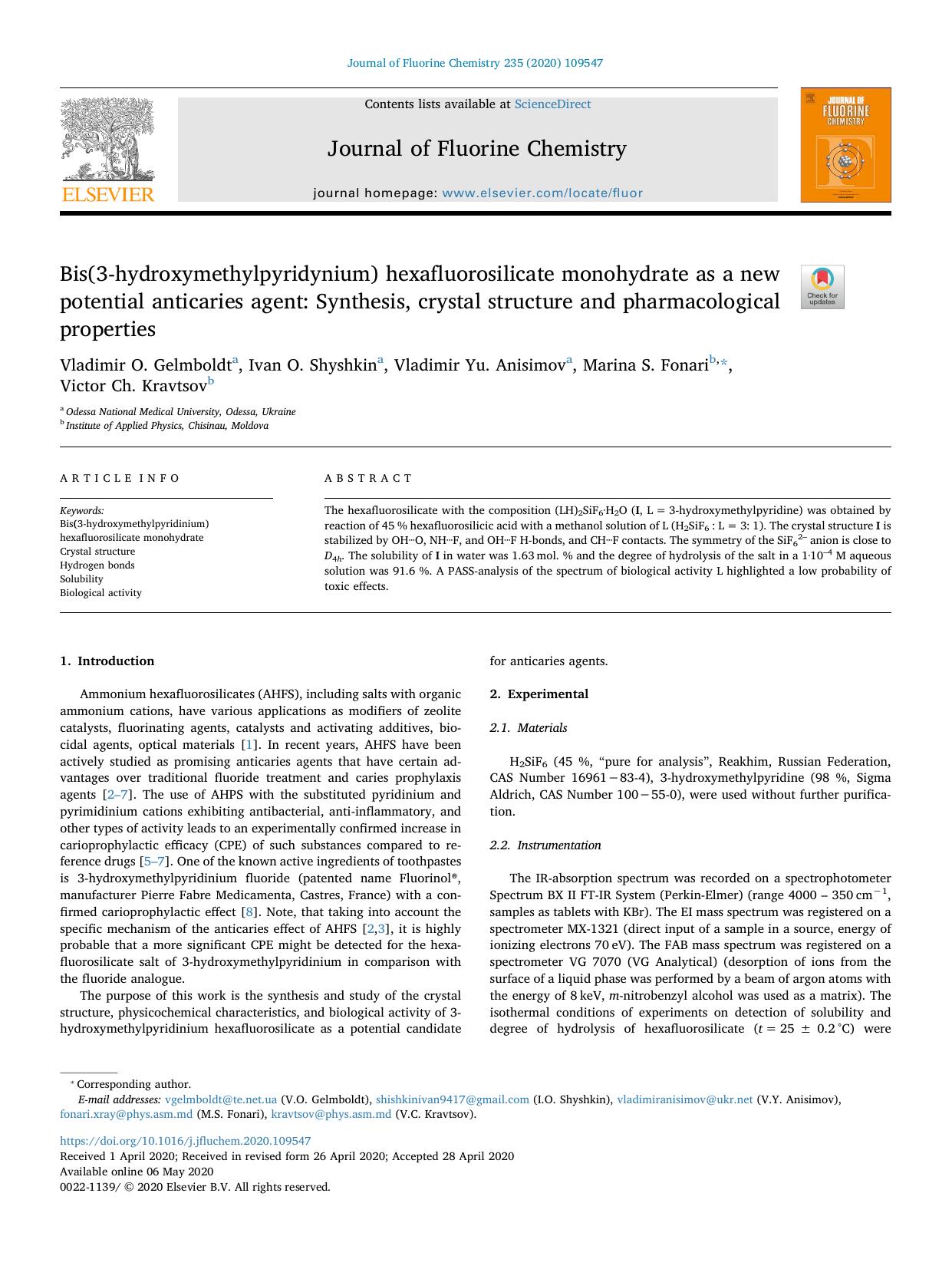Bis(3-hydroxymethylpyridynium) hexafluorosilicate monohydrate as a new potential anticaries agent_ Synthesis, crystal structure and pharmacological properties by unknow