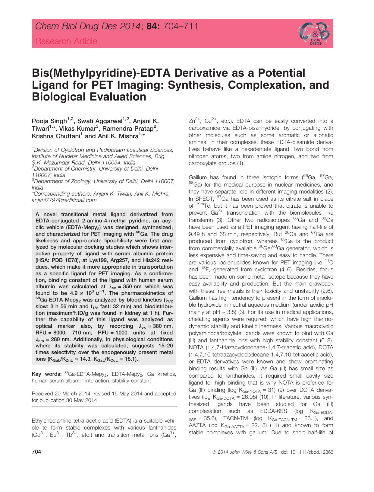 Bis(Methylpyridine)‐EDTA Derivative as a Potential Ligand for PET Imaging: Synthesis, Complexation, and Biological Evaluation by unknow