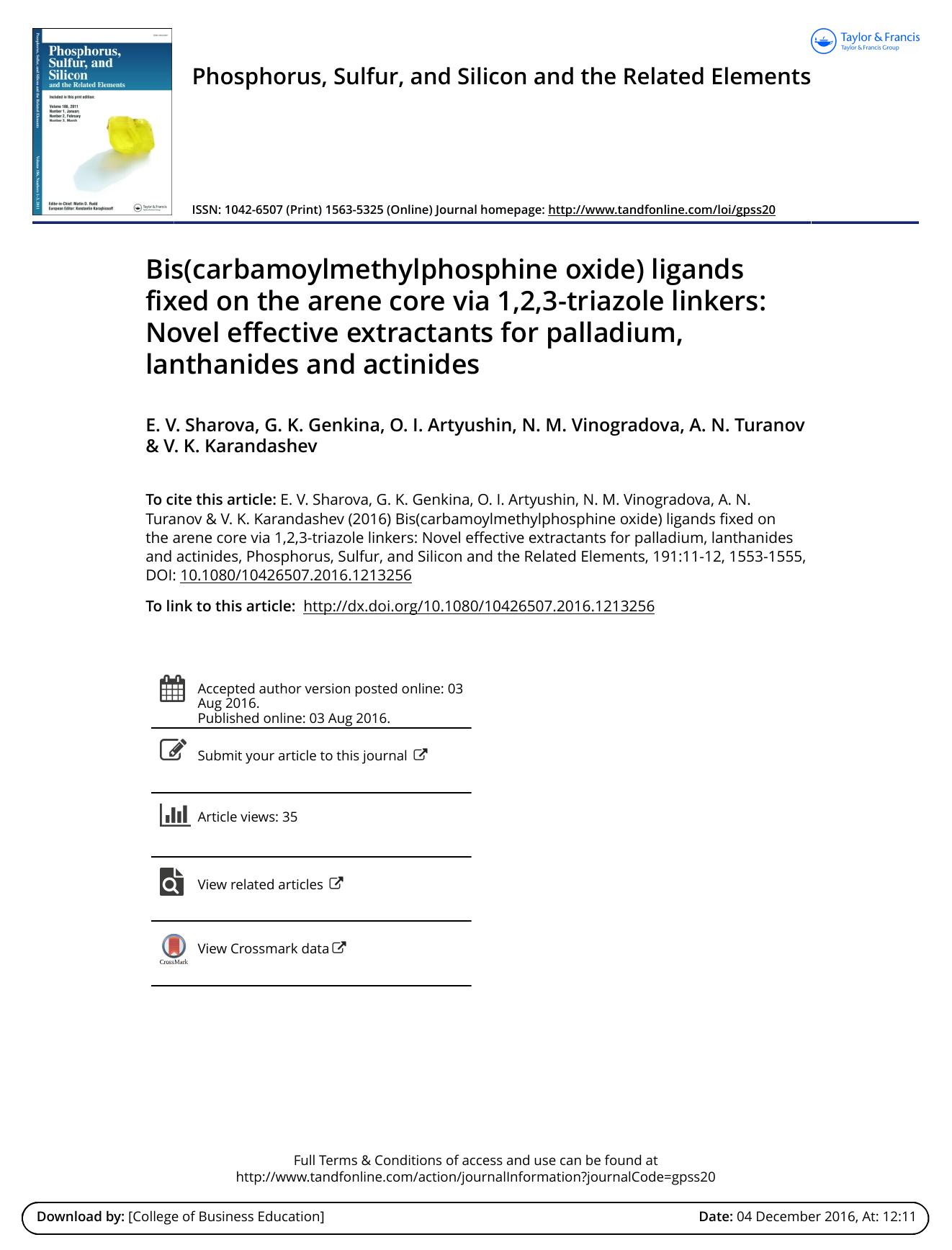 Bis(carbamoylmethylphosphine oxide) ligands fixed on the arene core via 1,2,3-triazole linkers: Novel effective extractants for palladium, lanthanides and actinides by unknow