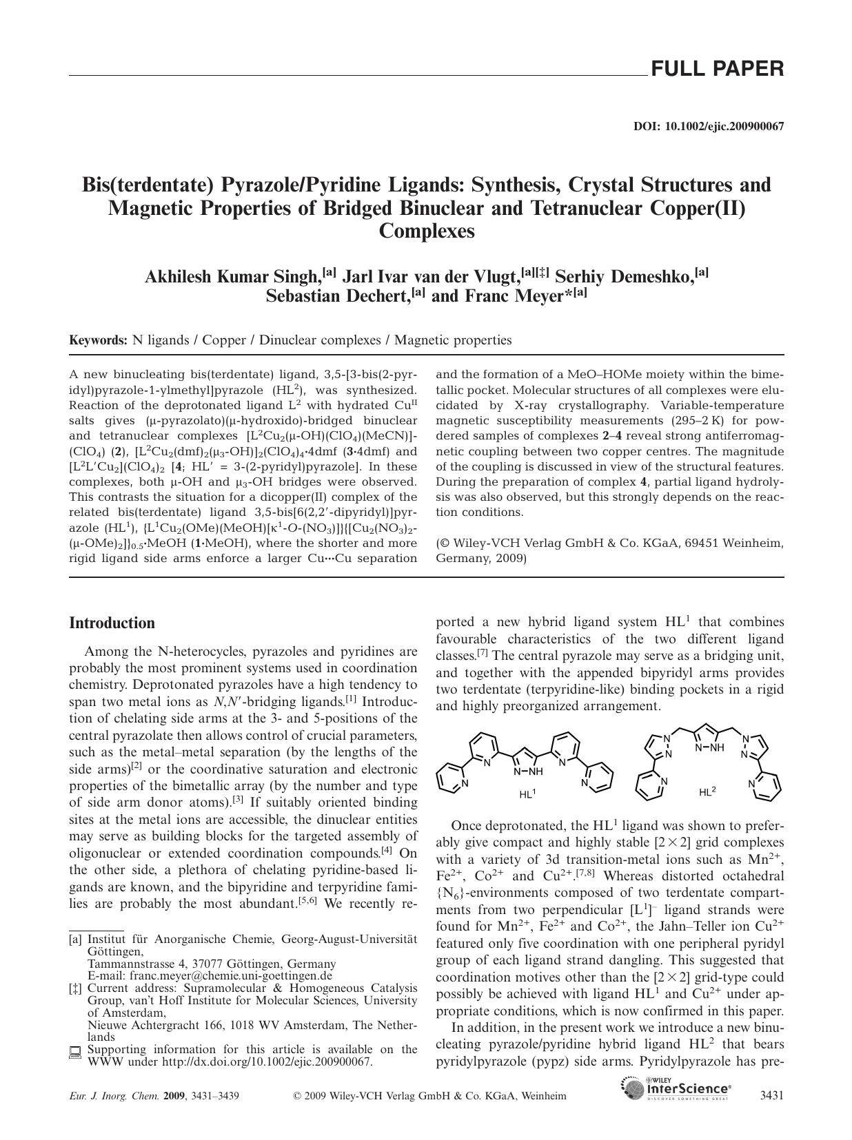 Bis(terdentate) PyrazolePyridine Ligands: Synthesis, Crystal Structures and Magnetic Properties of Bridged Binuclear and Tetranuclear Copper(II) Complexes by Unknown