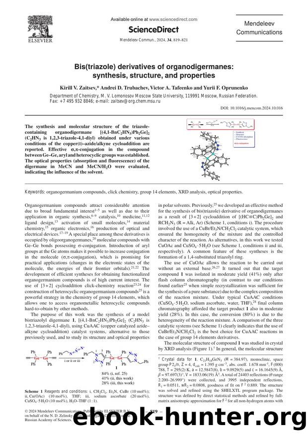 Bis(triazole) derivatives of organodigermanes: synthesis, structure, and properties by Kirill V. Zaitsev