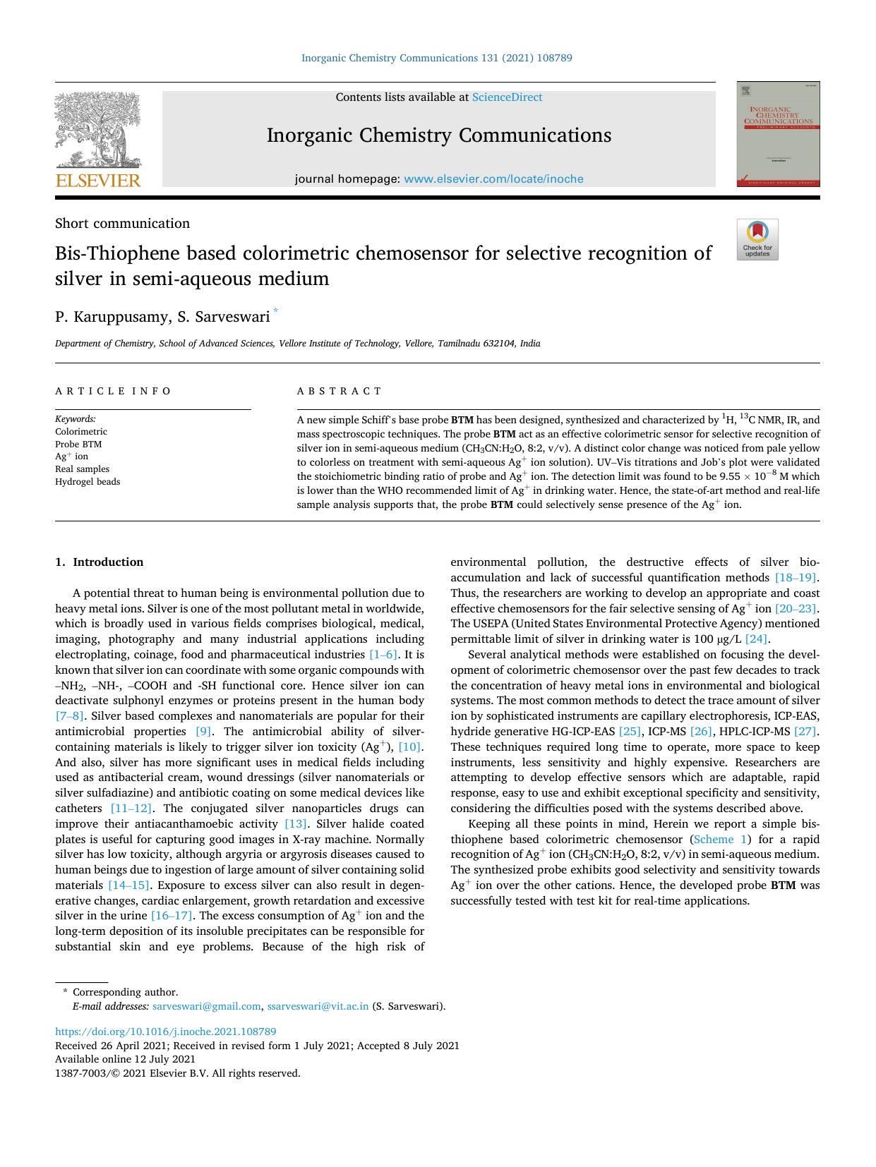 Bis-Thiophene based colorimetric chemosensor for selective recognition of silver in semi-aqueous medium by P. Karuppusamy