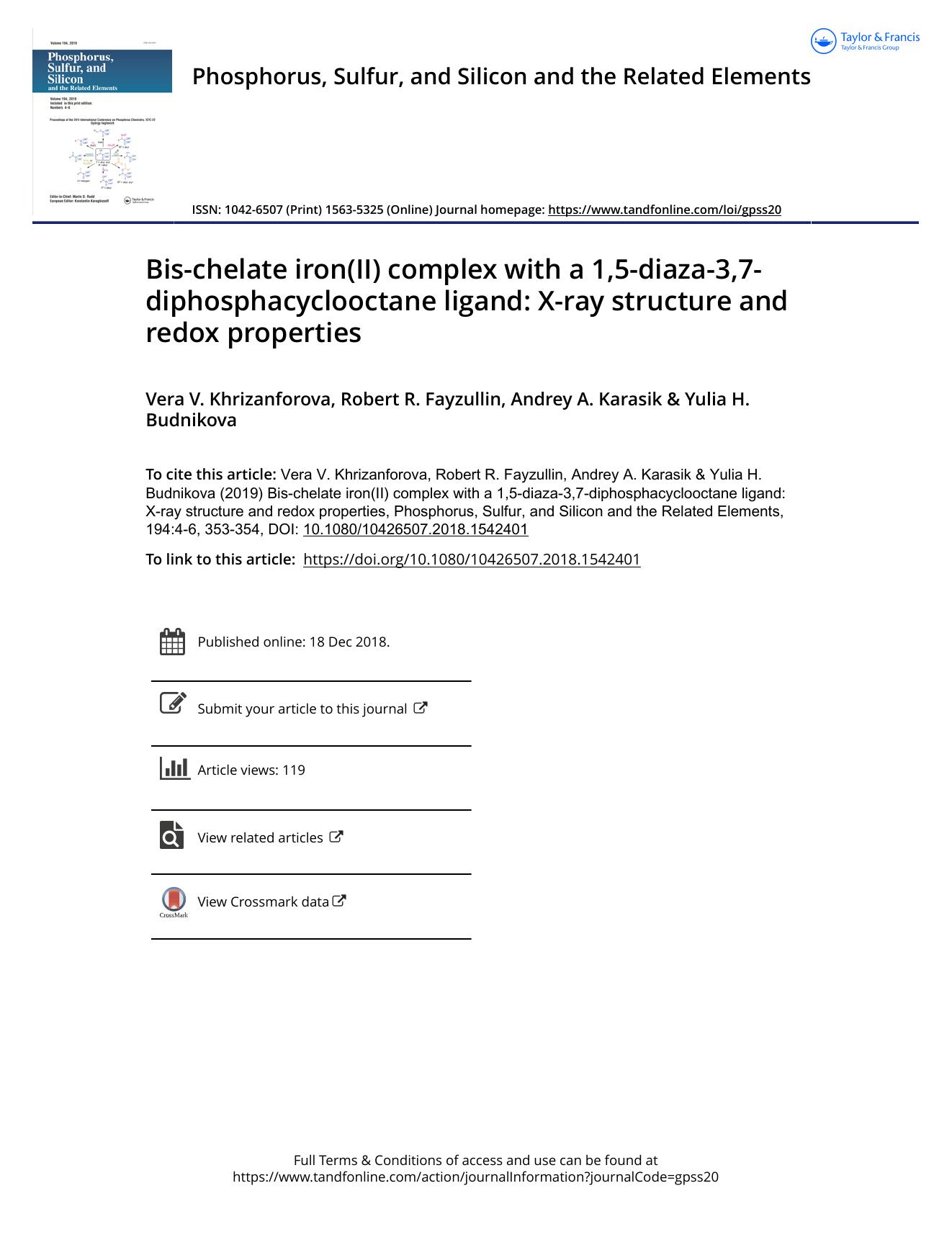 Bis-chelate iron(II) complex with a 1,5-diaza-3,7-diphosphacyclooctane ligand: X-ray structure and redox properties by Khrizanforova Vera V. & Fayzullin Robert R. & Karasik Andrey A. & Budnikova Yulia H