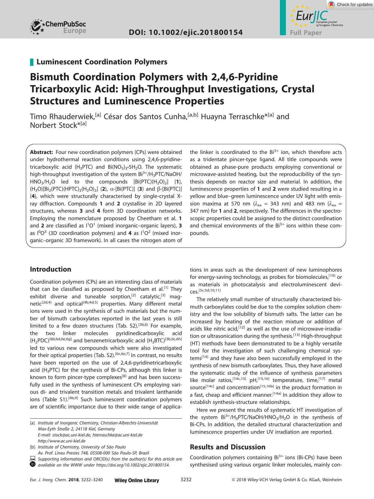 Bismuth Coordination Polymers with 2,4,6âPyridine Tricarboxylic Acid: HighâThroughput Investigations, Crystal Structures and Luminescence Properties by Unknown