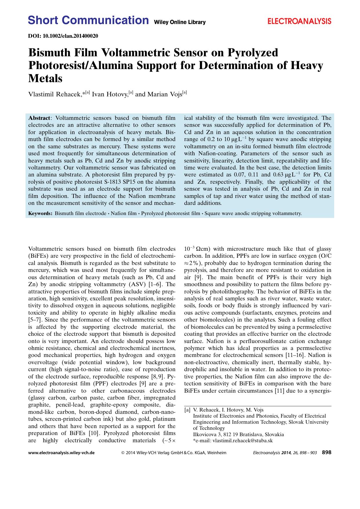 Bismuth Film Voltammetric Sensor on Pyrolyzed PhotoresistAlumina Support for Determination of Heavy Metals by Unknown