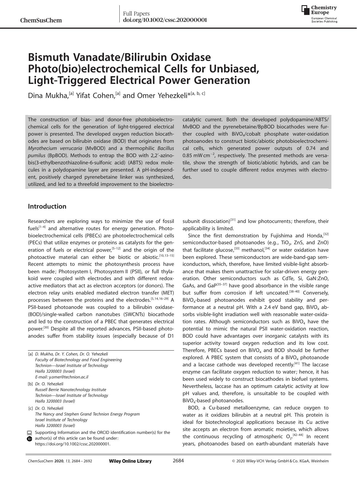 Bismuth VanadateBilirubin Oxidase Photo(bio)electrochemical Cells for Unbiased, LightâTriggered Electrical Power Generation by Unknown