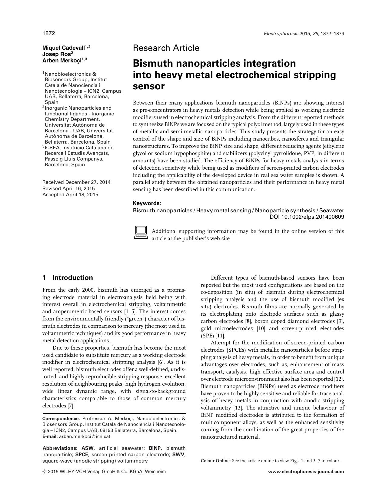 Bismuth nanoparticles integration into heavy metal electrochemical stripping sensor by Unknown