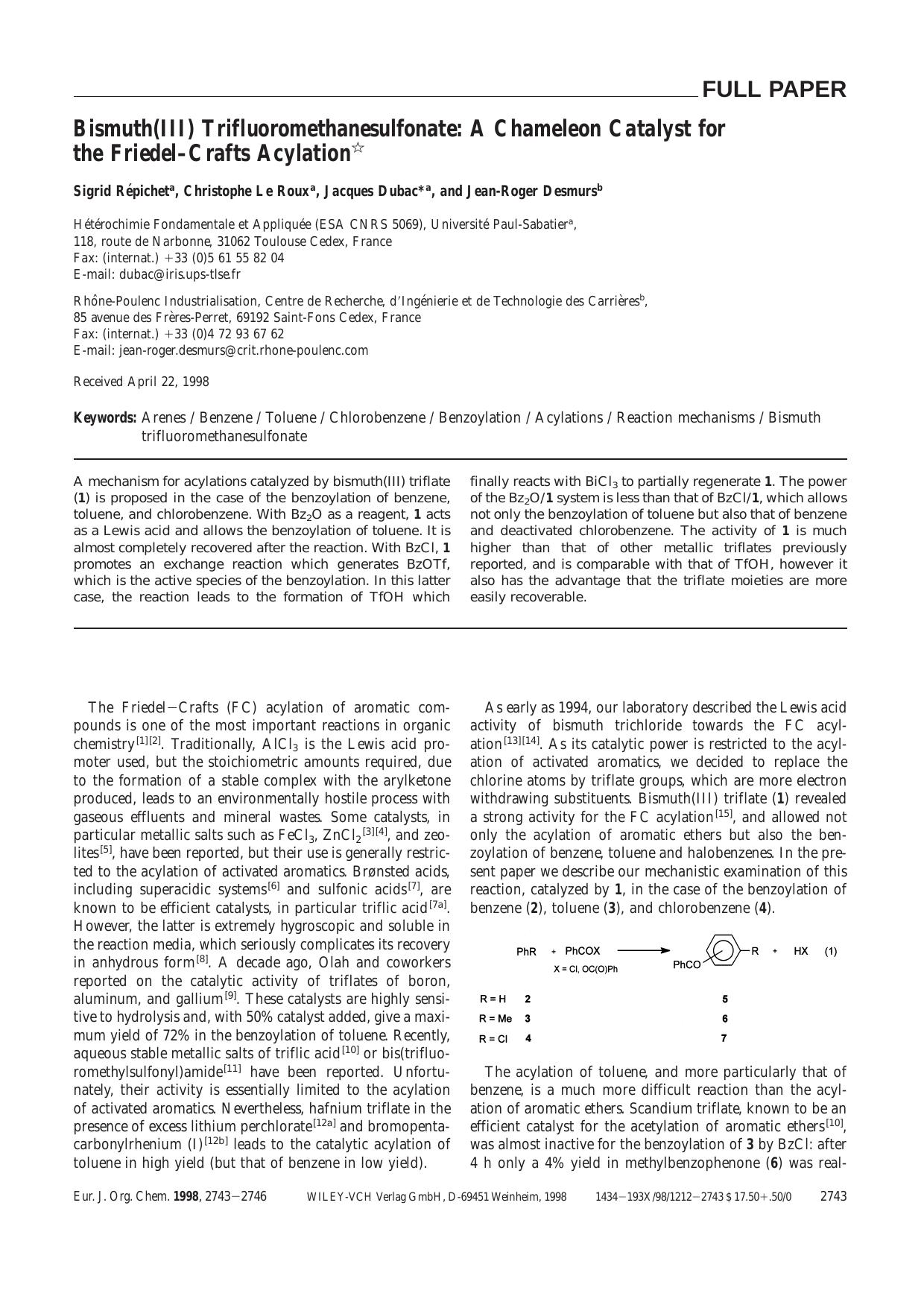 Bismuth(III) Trifluoromethanesulfonate: A Chameleon Catalyst for the Friedel-Crafts Acylation by Unknown