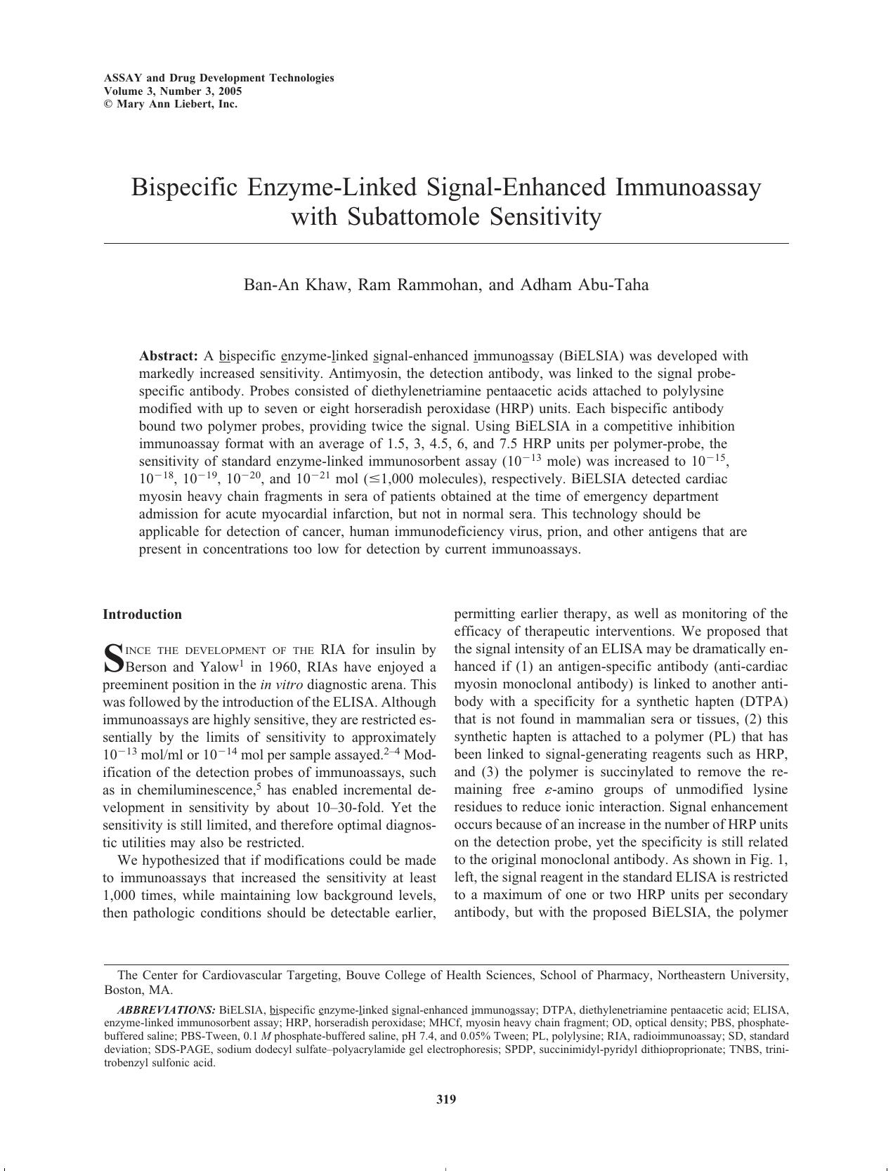 Bispecific Enzyme-Linked Signal-Enhanced Immunoassay with Subattomole Sensitivity by Ban-An Khaw Ph.D. Ram Rammohan Adham Abu-Taha