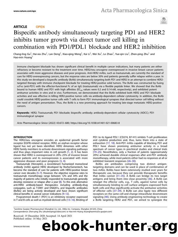 Bispecific antibody simultaneously targeting PD1 and HER2 inhibits tumor growth via direct tumor cell killing in combination with PD1PDL1 blockade and HER2 inhibition by unknow