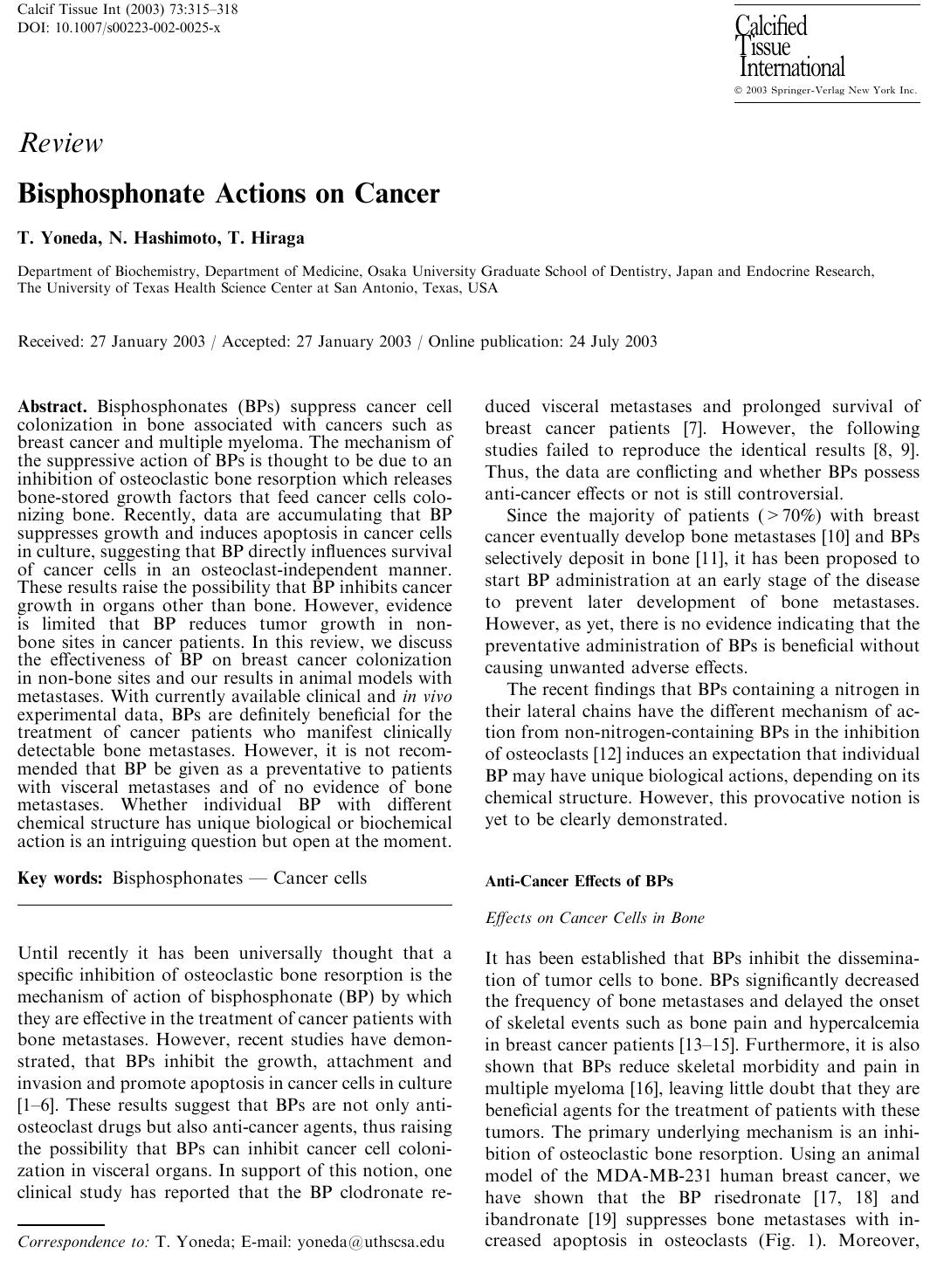 Bisphosphonate Actions on Cancer by Yoneda T. et al