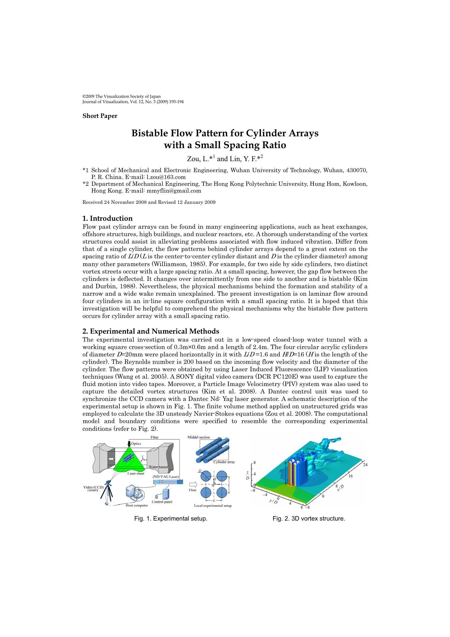 Bistable flow pattern for cylinder arrays with a small spacing ratio by Unknown