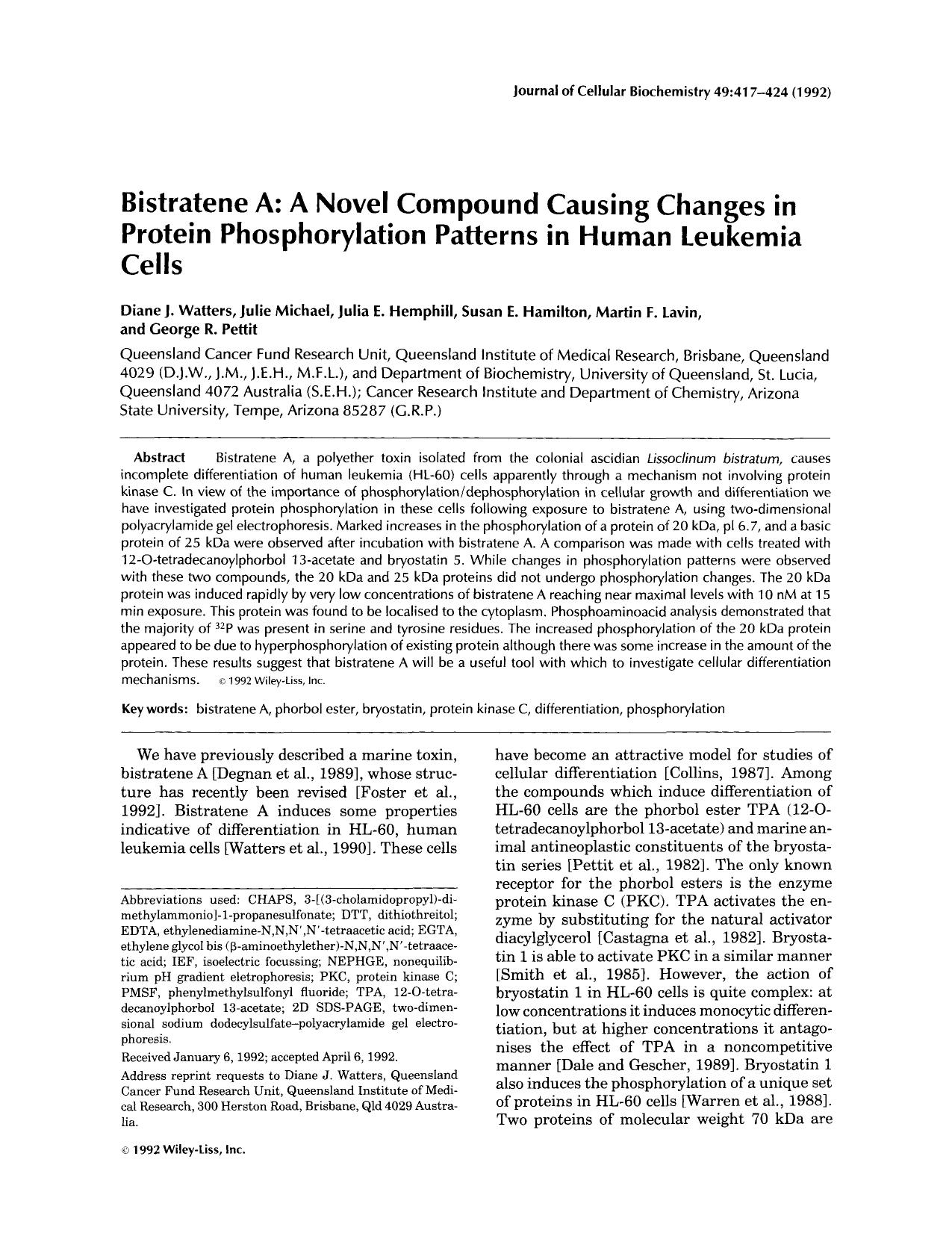 Bistratene A: A novel compound causing changes in protein phosphorylation patterns in human leukemia cells by Unknown