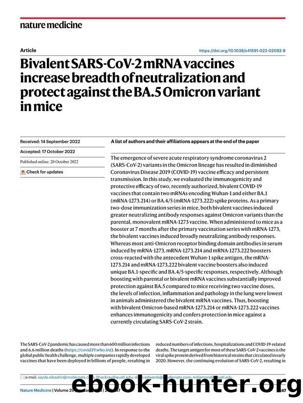Bivalent SARS-CoV-2 mRNA vaccines increase breadth of neutralization and protect against the BA.5 Omicron variant in mice by unknow