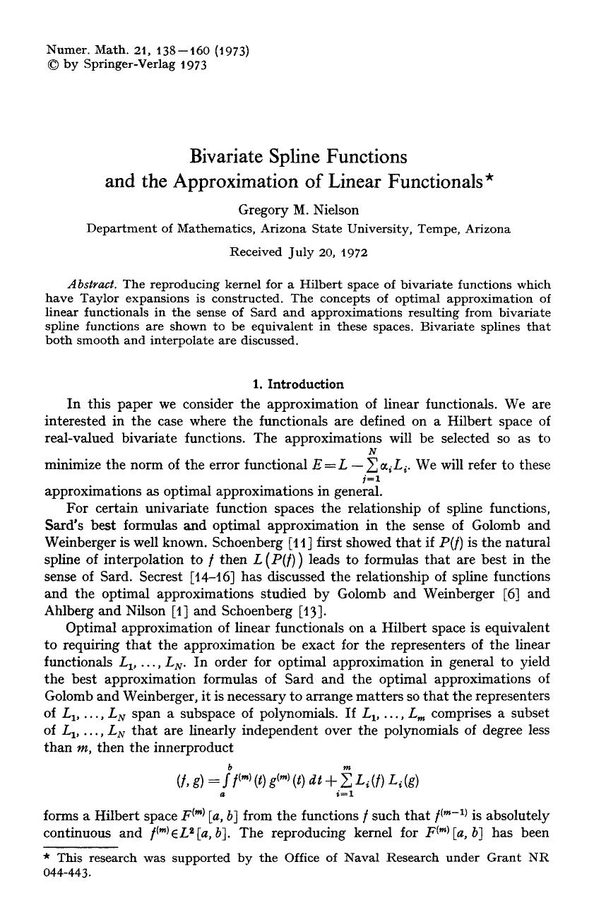 Bivariate spline functions and the approximation of linear functionals by Unknown