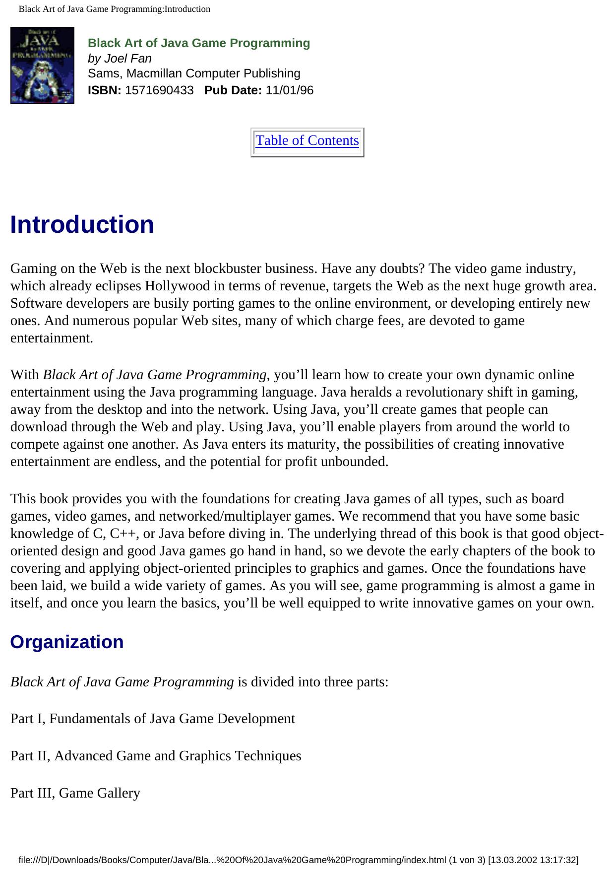 Black Art of Java Game Programming:Introduction by Black Art of Java Game Programming(1996)(982)