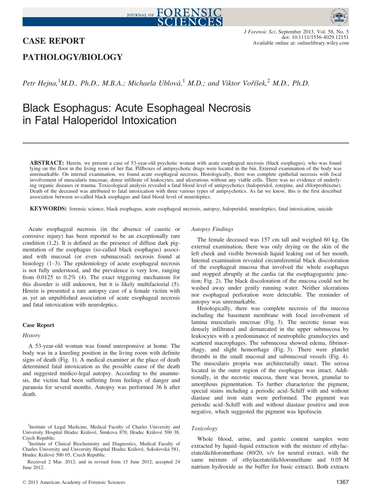 Black Esophagus: Acute Esophageal Necrosis in Fatal Haloperidol Intoxication by Unknown