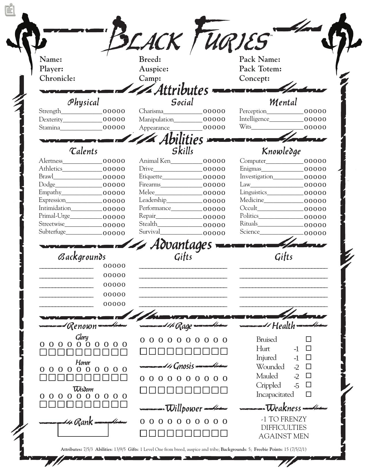 Black Furies Character Sheet by shaggy@white-wolf.com