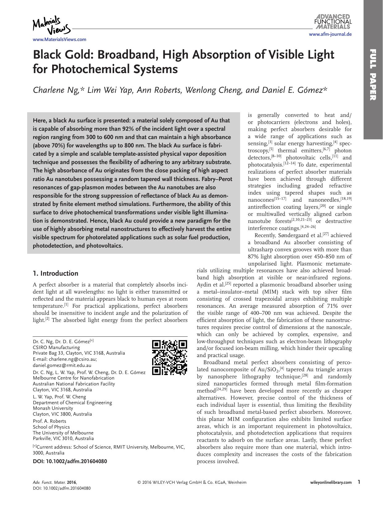Black Gold: Broadband, High Absorption of Visible Light for Photochemical Systems by Unknown