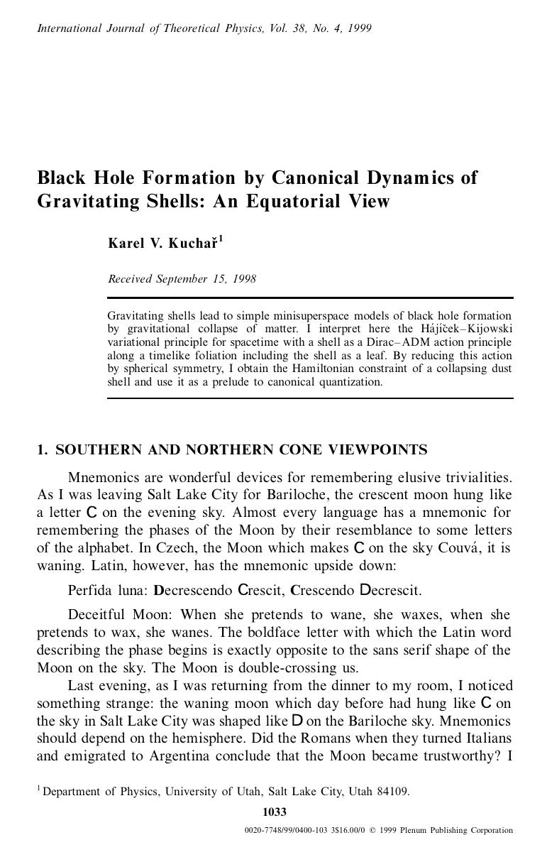 Black Hole Formation by Canonical Dynamics of Gravitating Shells: An Equatorial View by Unknown