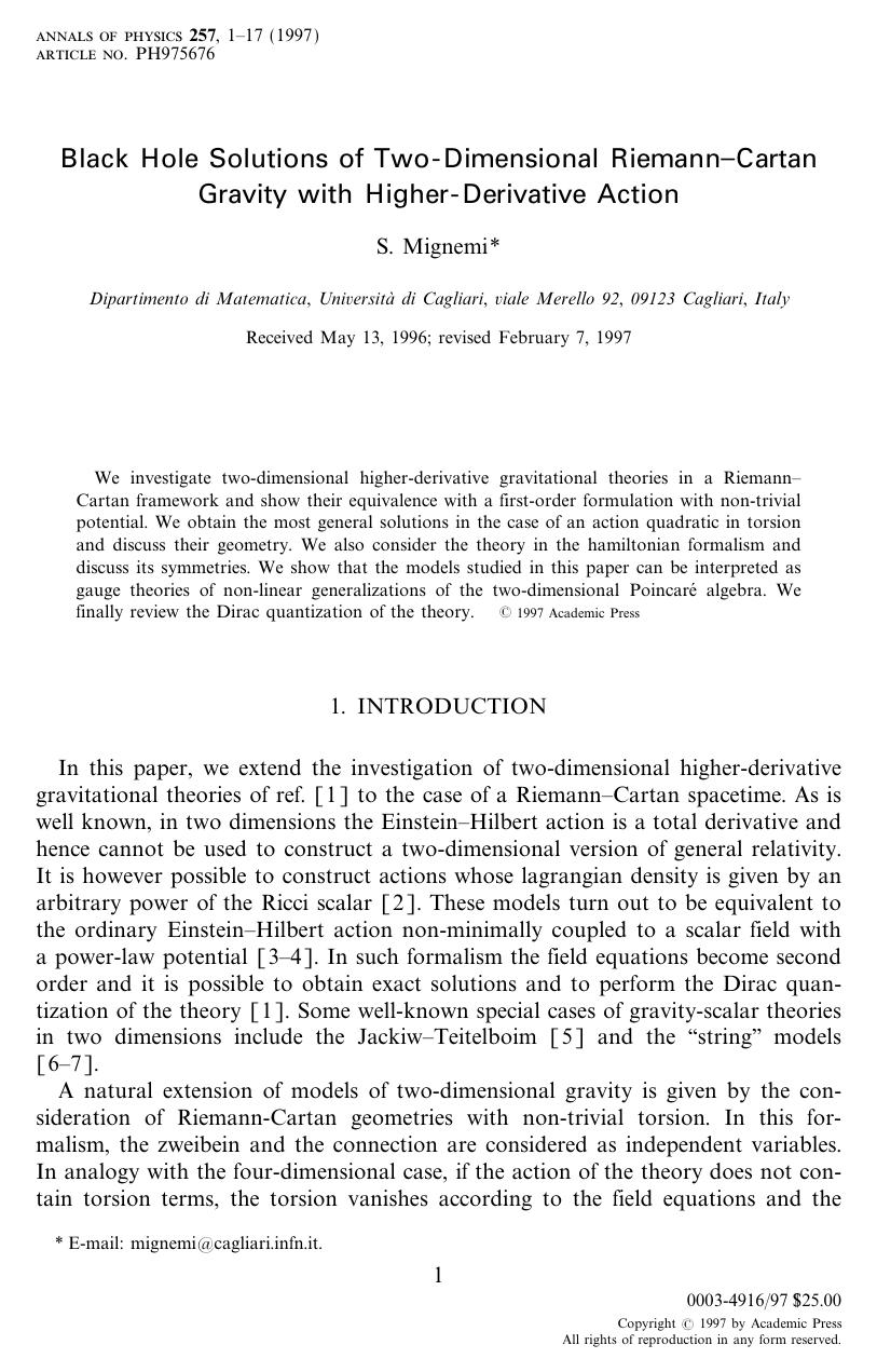 Black Hole Solutions of Two-Dimensional RiemannâCartan Gravity with Higher-Derivative Action by Mignemi S